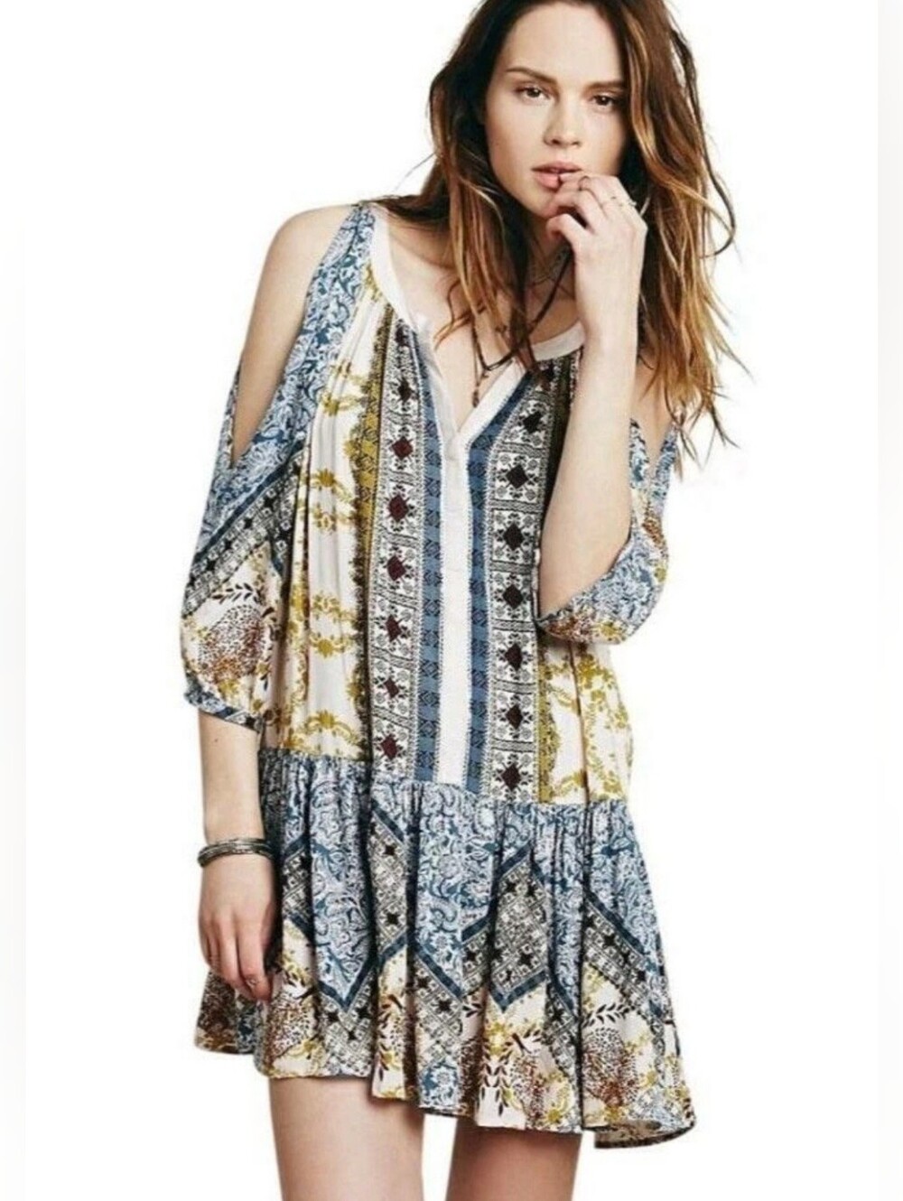 Free People Oversized Boho Cold-Shoulder Printed Mini Dress in Blue and Cream, S